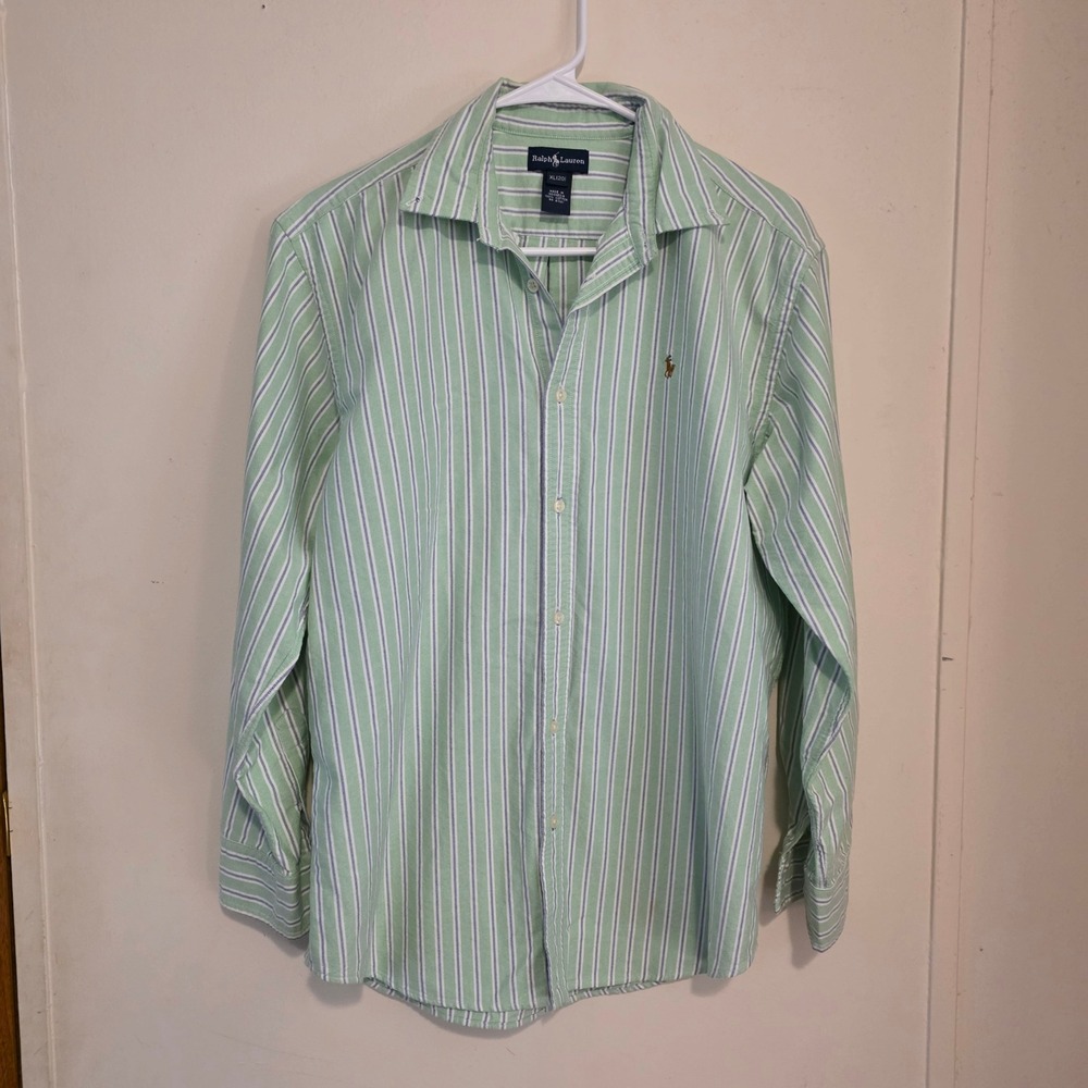 Ralph Lauren Boys Flesh Pony Button Down Shirt Size XL 20 Green Stripe Oxford